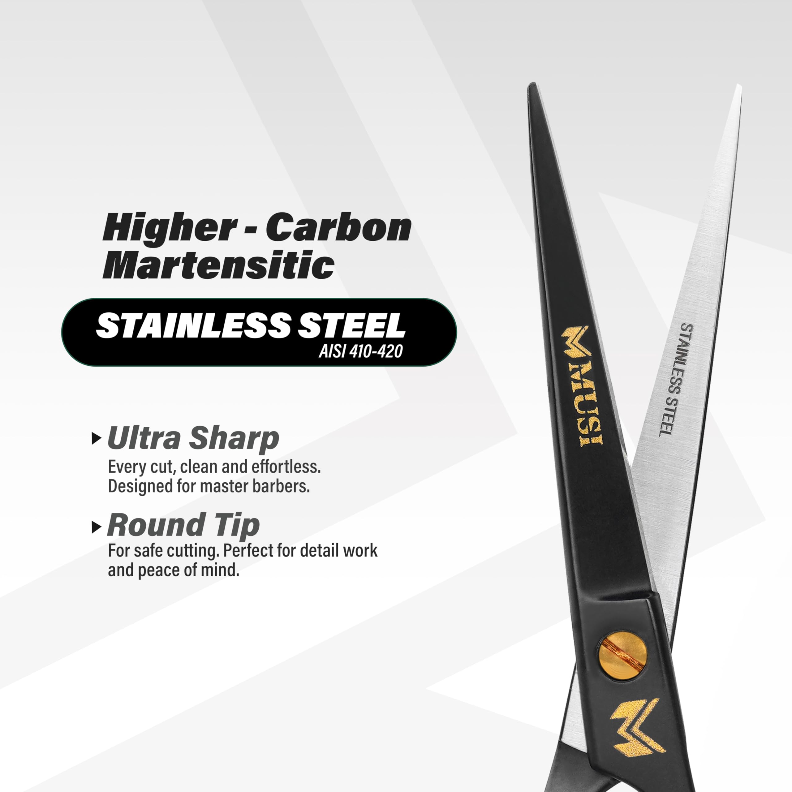 MUSI black barber scissors being adjusted using the central gold tension screw mechanism.