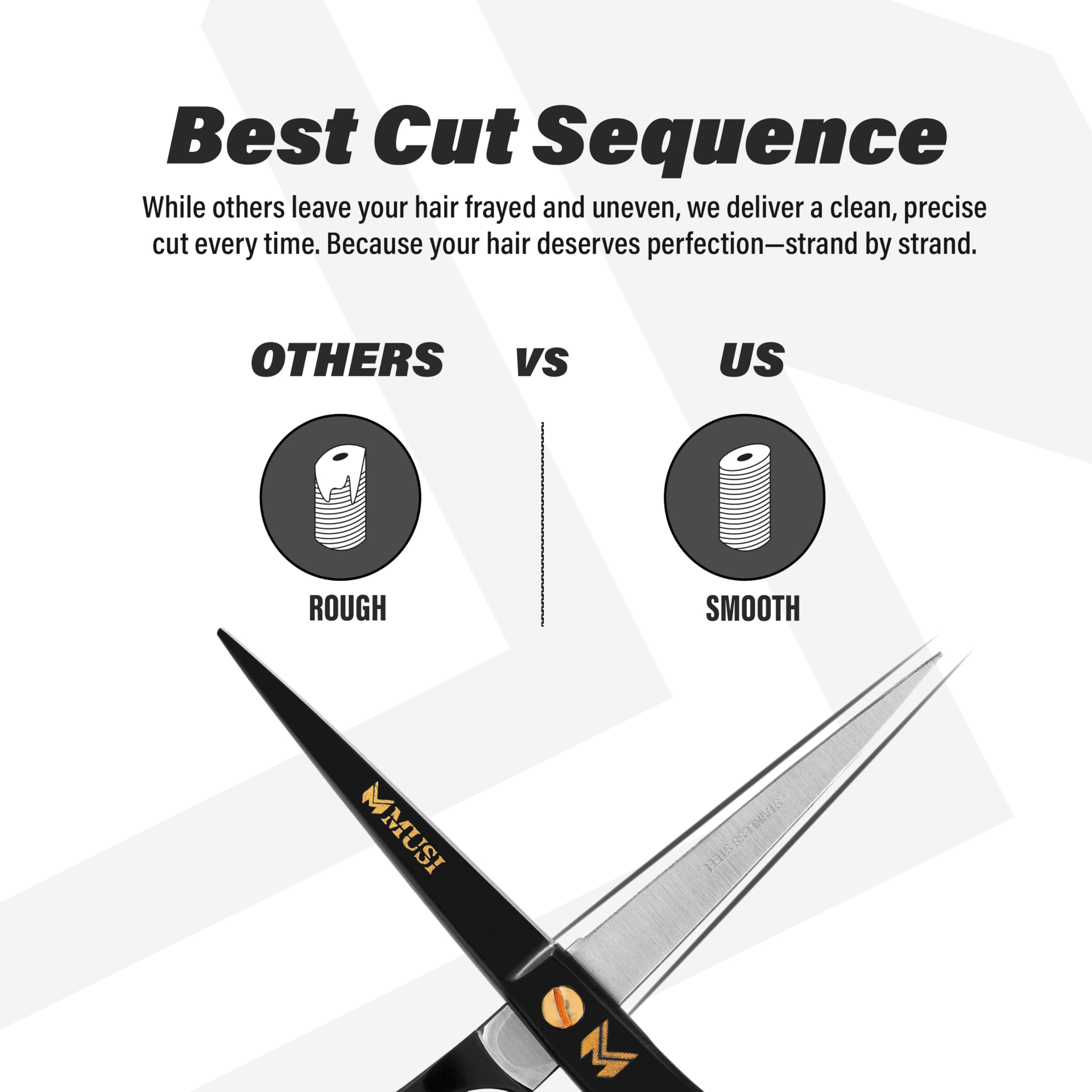 MUSI premium hair cutting shears displayed alongside the included grooming hair and beard comb.