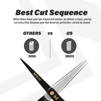 MUSI premium hair cutting shears displayed alongside the included grooming hair and beard comb.