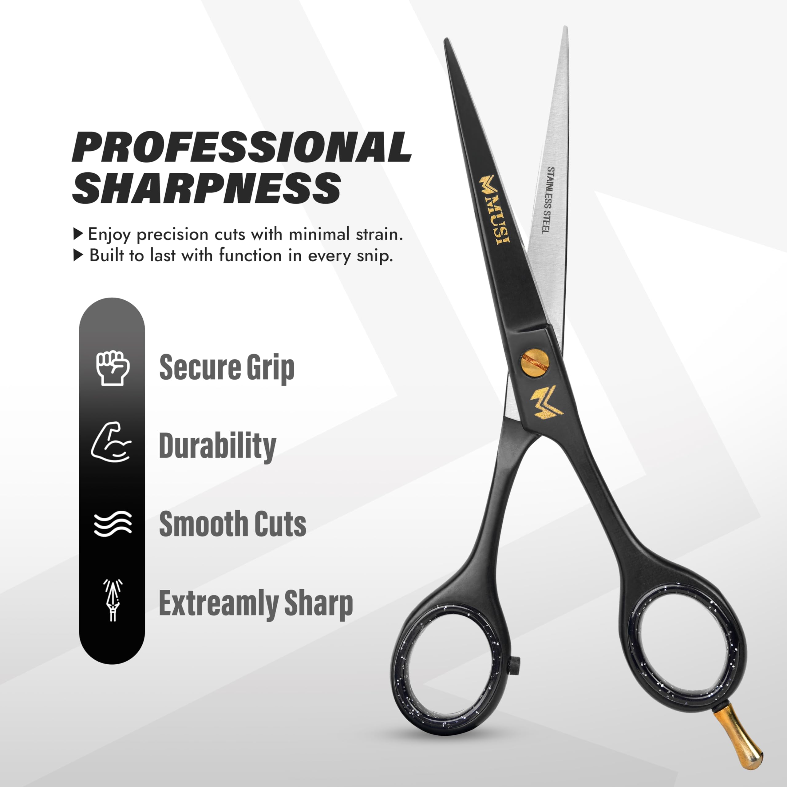 Ergonomic handle and finger rest details of the MUSI black professional hair scissors.
