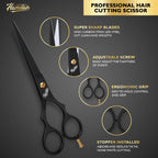 High carbon stainless steel hairdressing scissors next to matching black leather storage pouch
