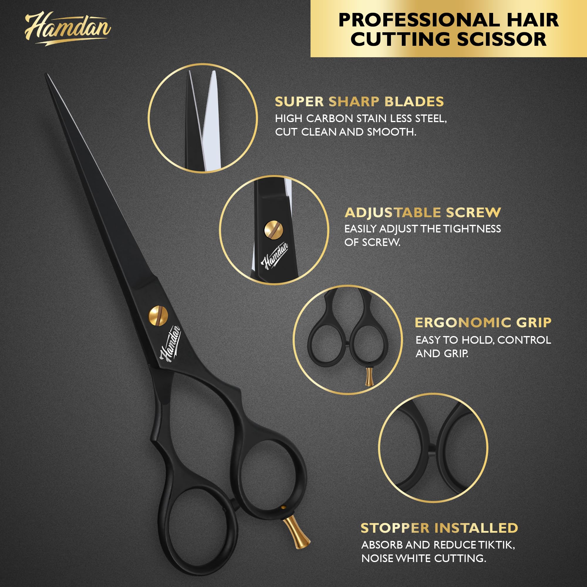 High carbon stainless steel hairdressing scissors next to matching black leather storage pouch