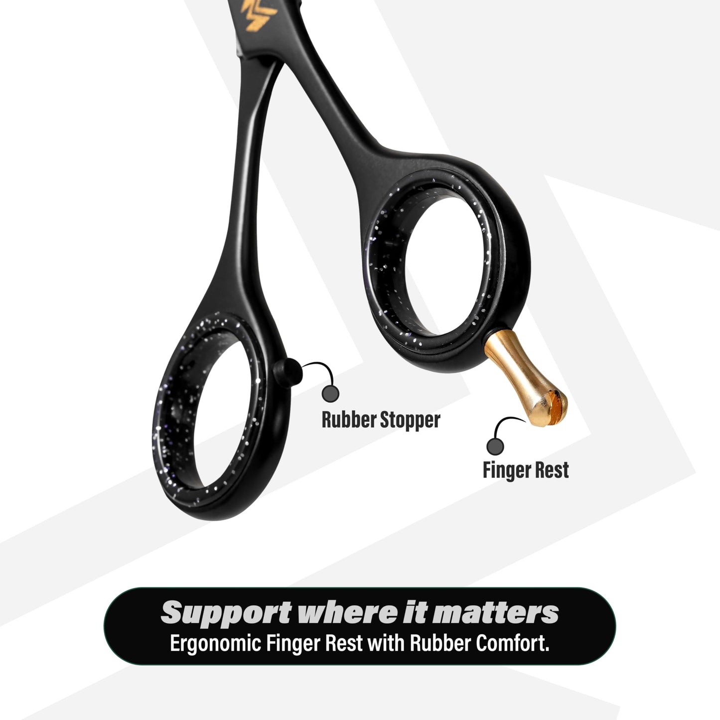 Complete packaging view of the MUSI 420 Japanese standard stainless steel barber scissors set.