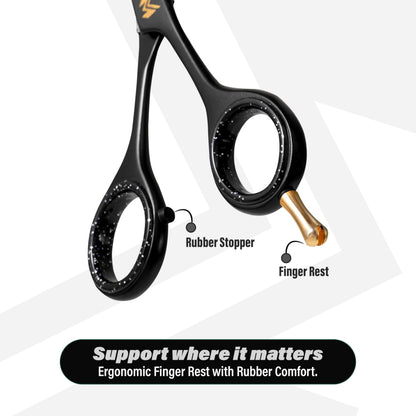 Complete packaging view of the MUSI 420 Japanese standard stainless steel barber scissors set.