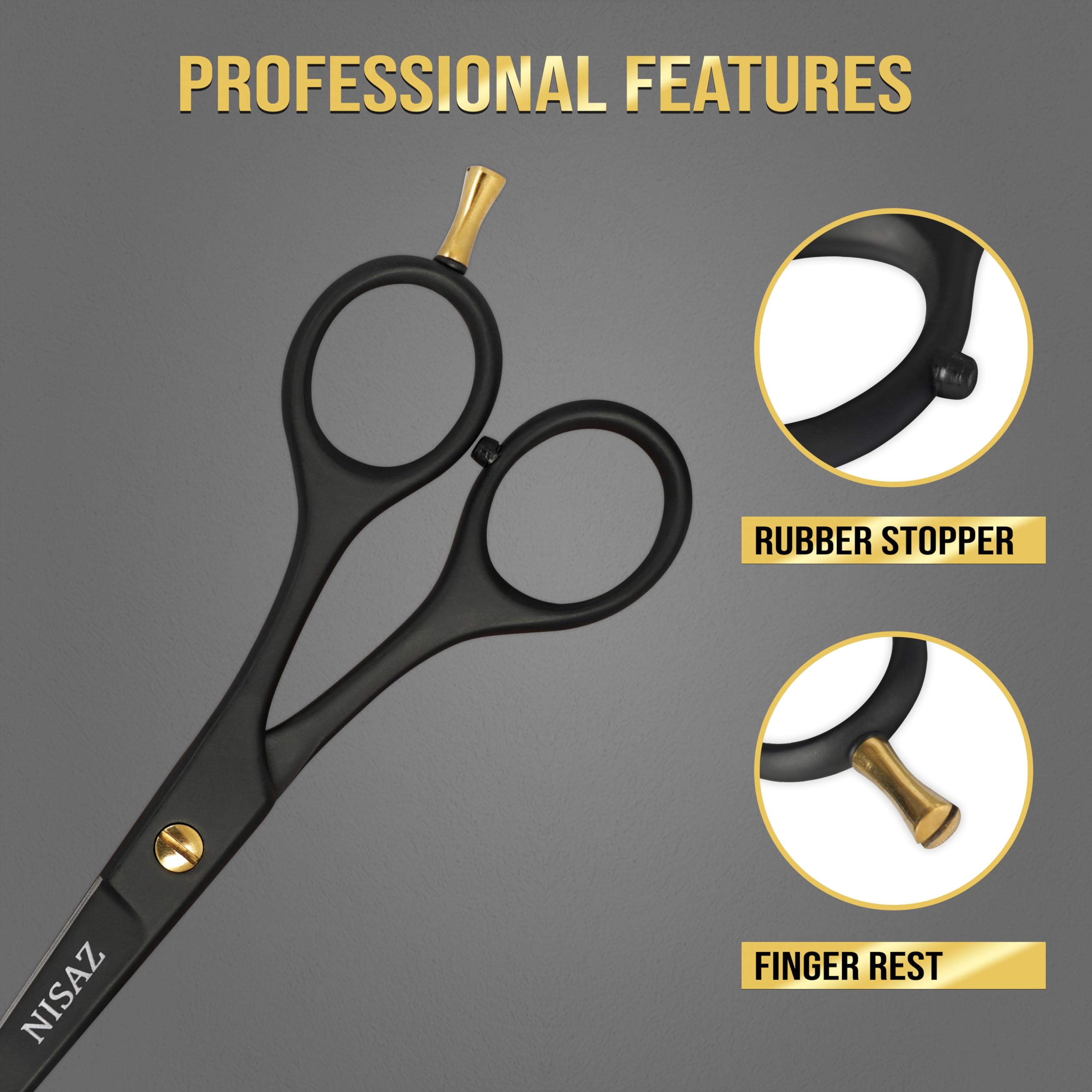 Ergonomic finger handle and resting hook design of the NISAZ salon hairdressing scissors.