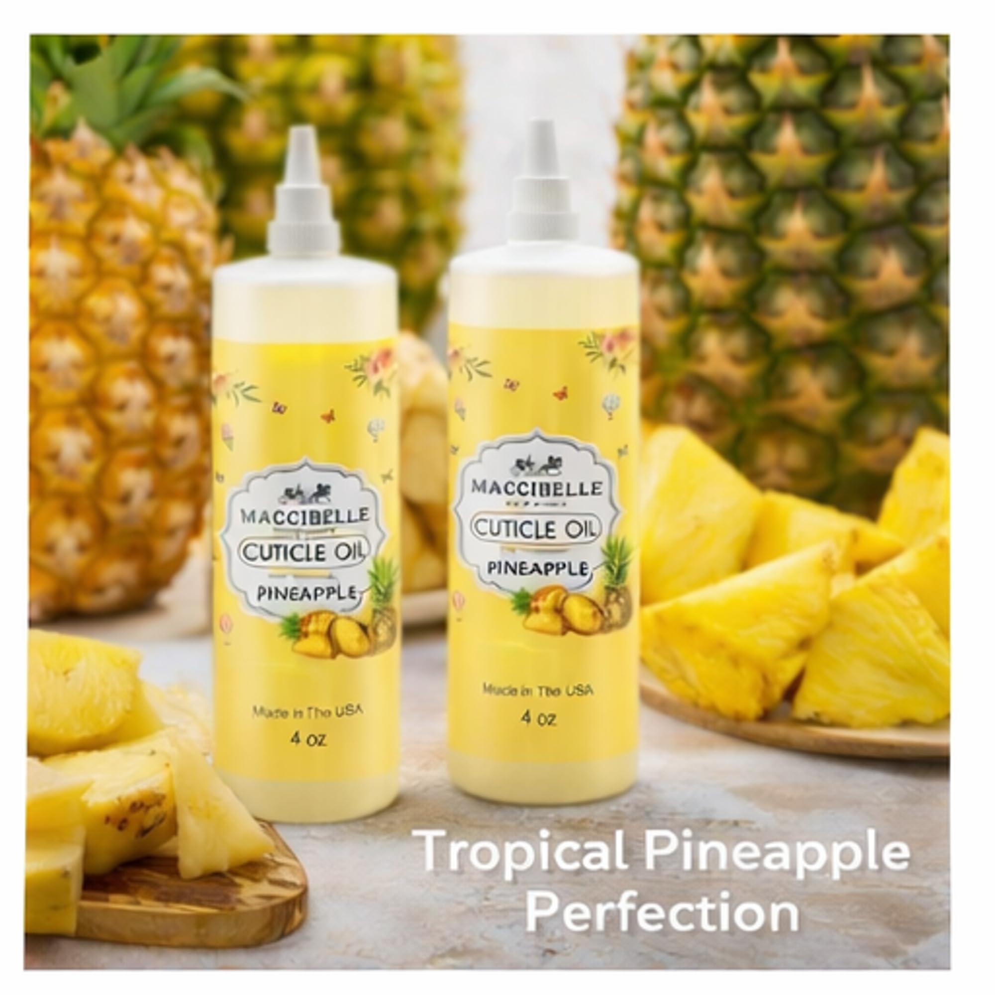Top view of Maccibelle Pineapple Cuticle Oil 4 Fluid Ounce bottle