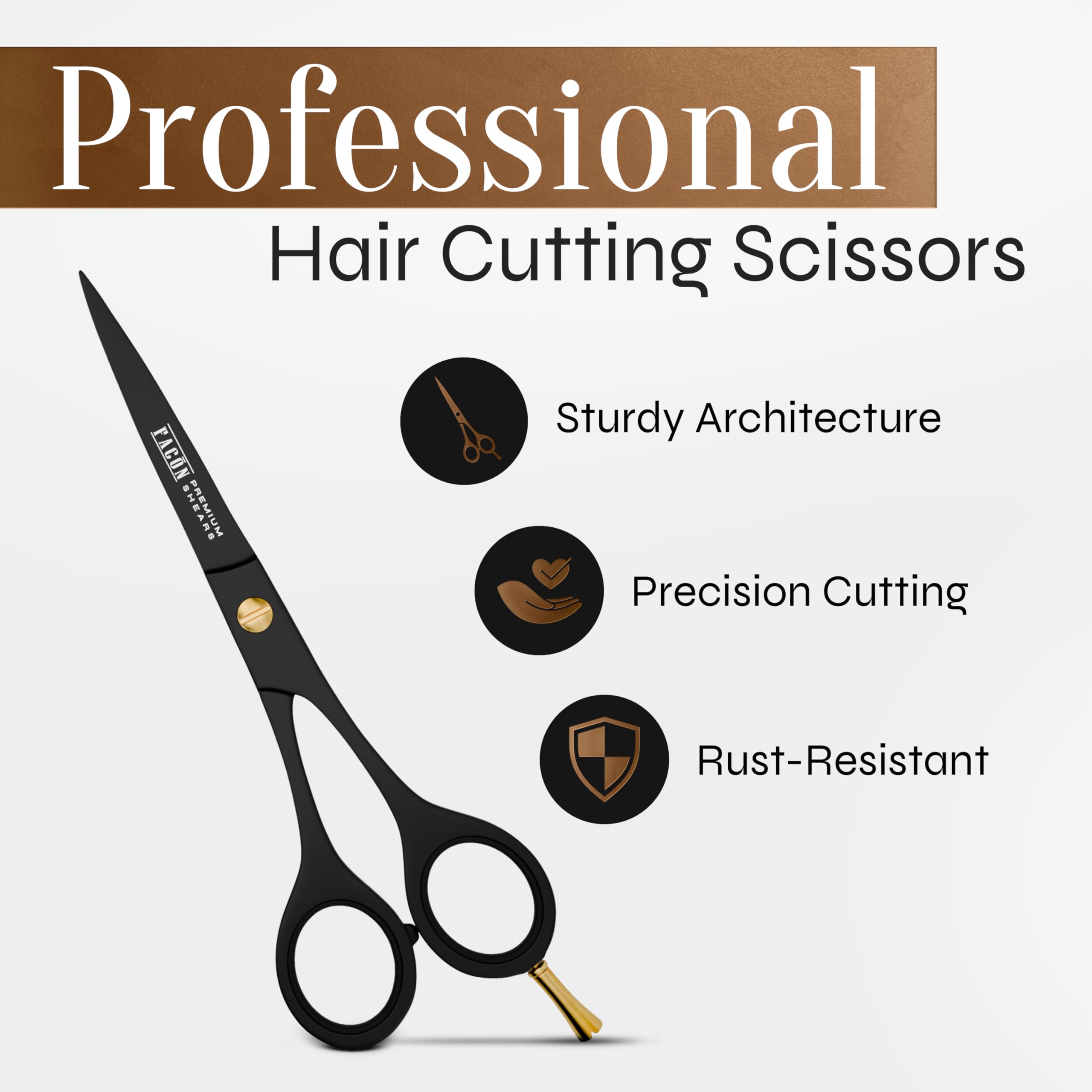 FacÃ³n 6.5 inch salon shears showing the adjustable gold tension screw mechanism.