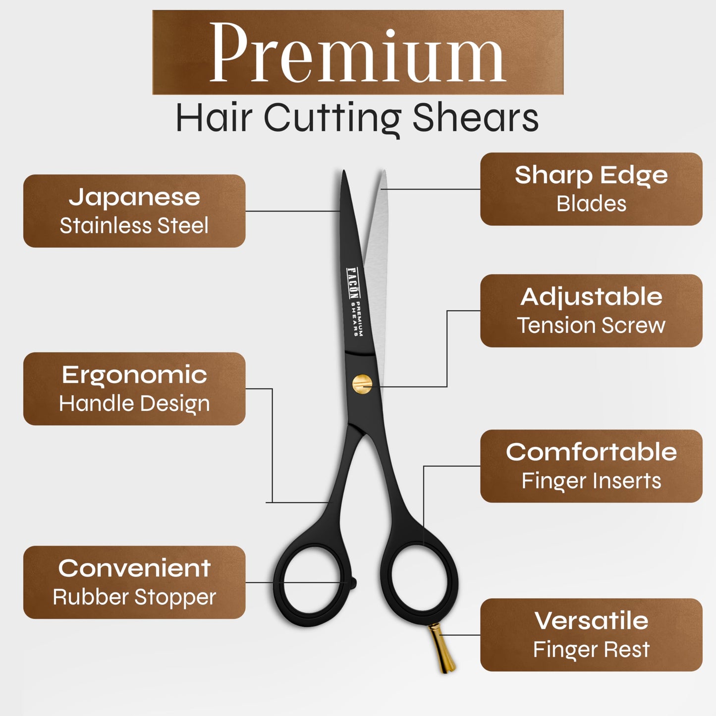 Close up view of the laser marked brand stamp on the FacÃ³n professional shears.