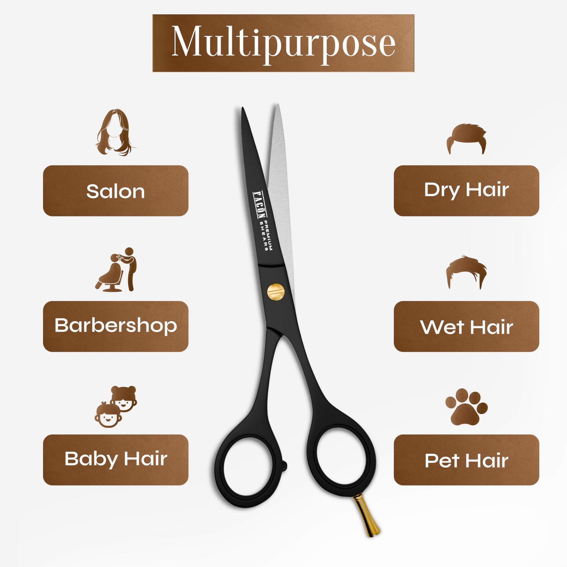 FacÃ³n authentic imported salon quality scissors displaying the sleek lightweight handle structure.
