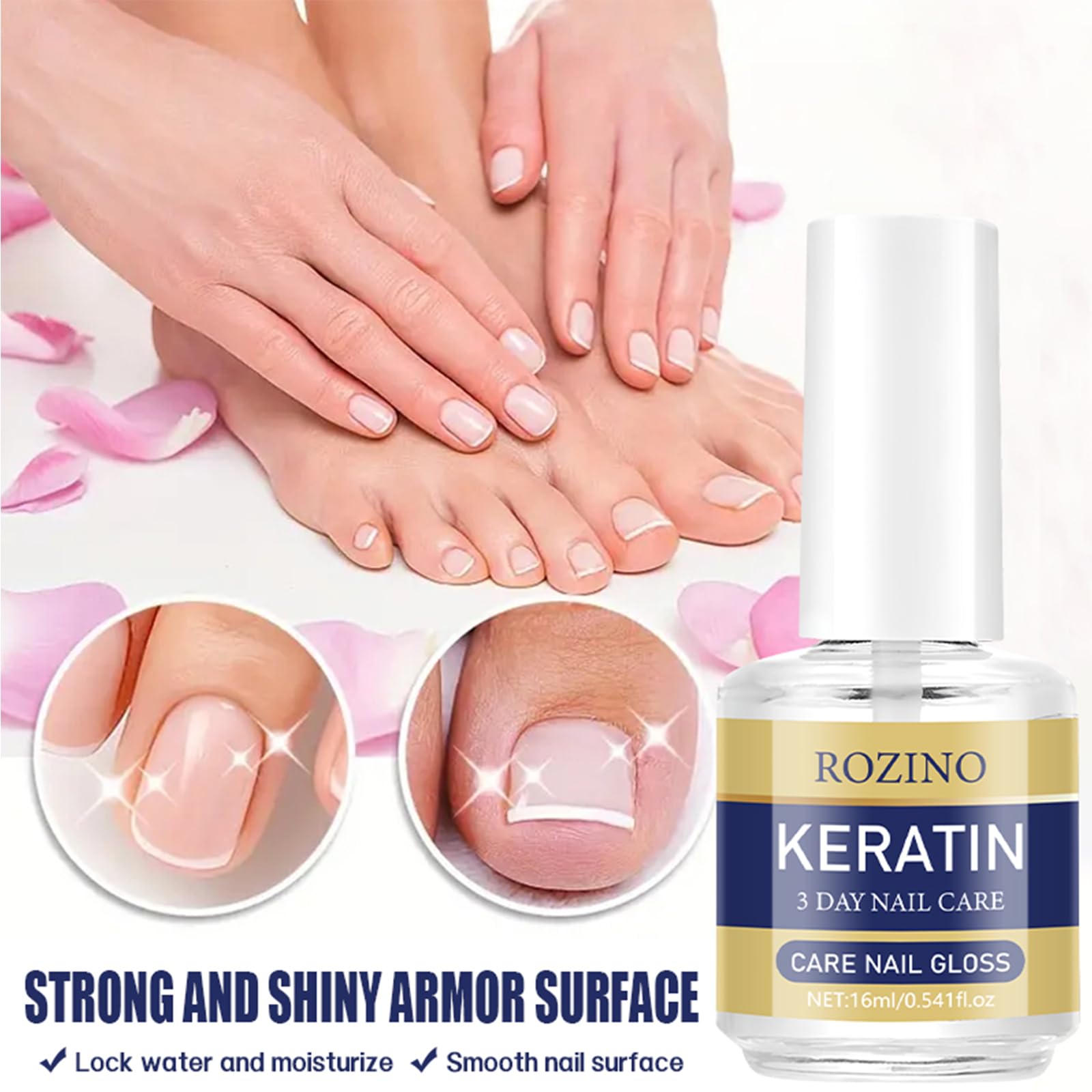 Close up of Keratin nail treatment oil packaging and label