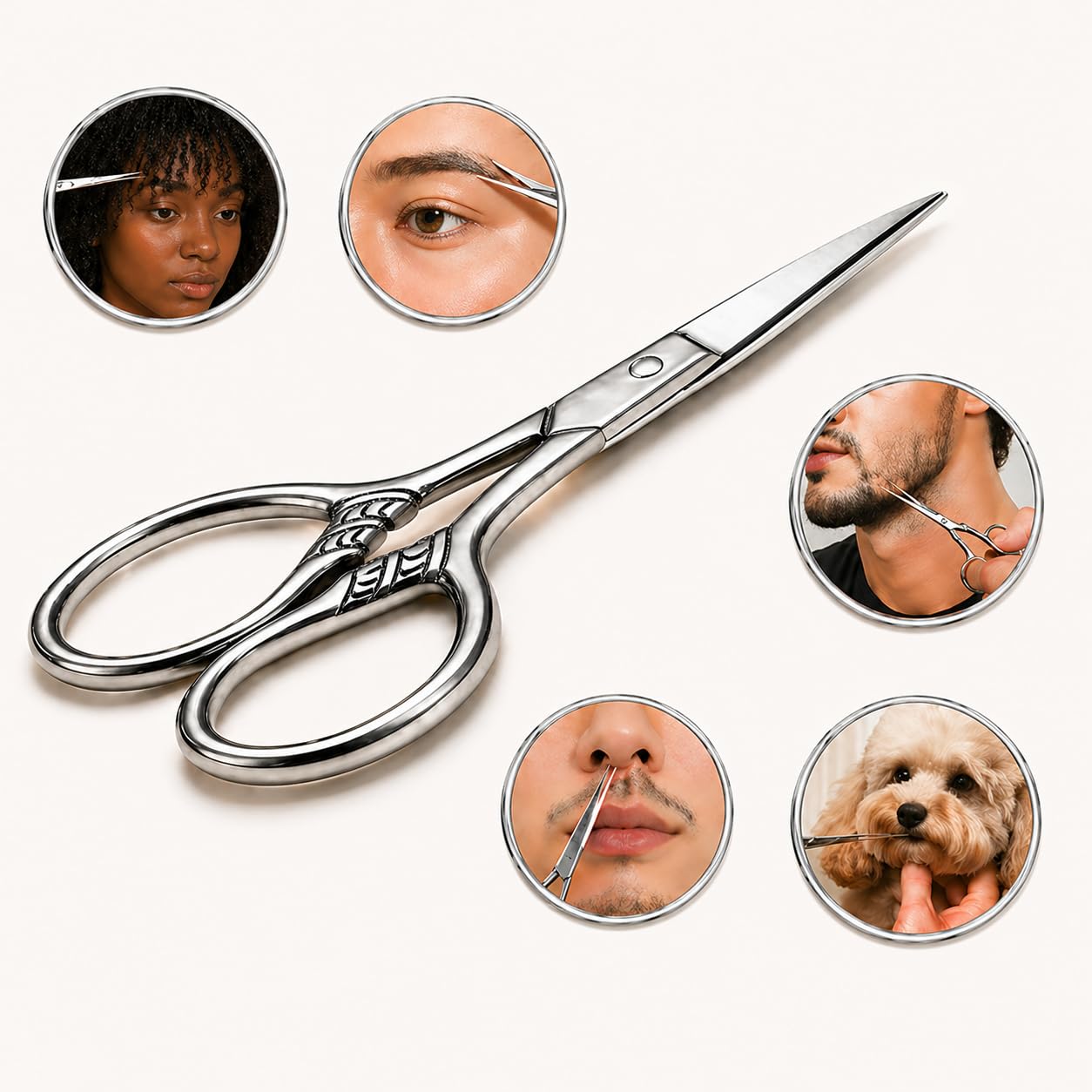 HITOPTY 3.5 inch facial hair scissors angled display highlighting polished metal