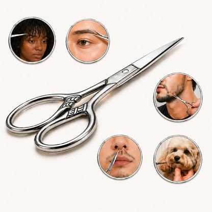 HITOPTY 3.5 inch facial hair scissors angled display highlighting polished metal
