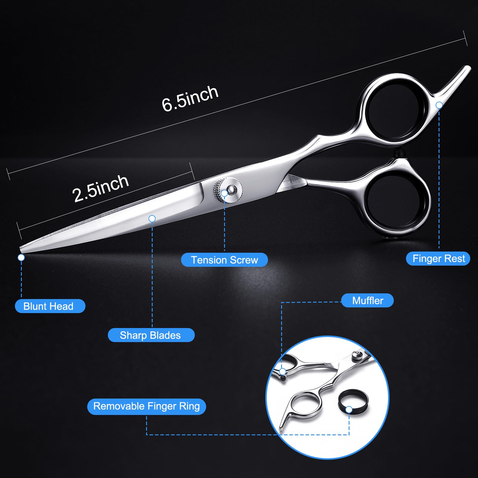 6.5 inch barber haircut shears showing ergonomic finger handle design