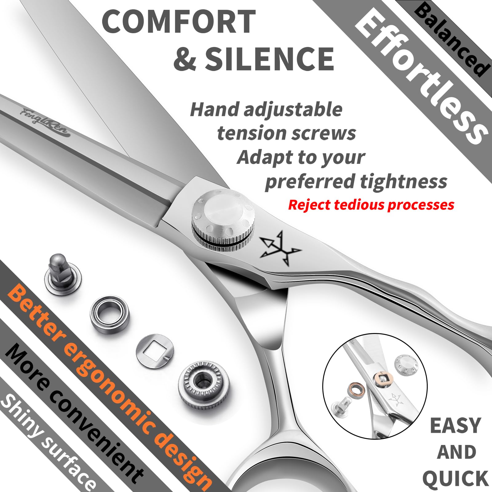 Ergonomic finger ring handle layout of Fengliren hair cutting scissors for comfortable grip.