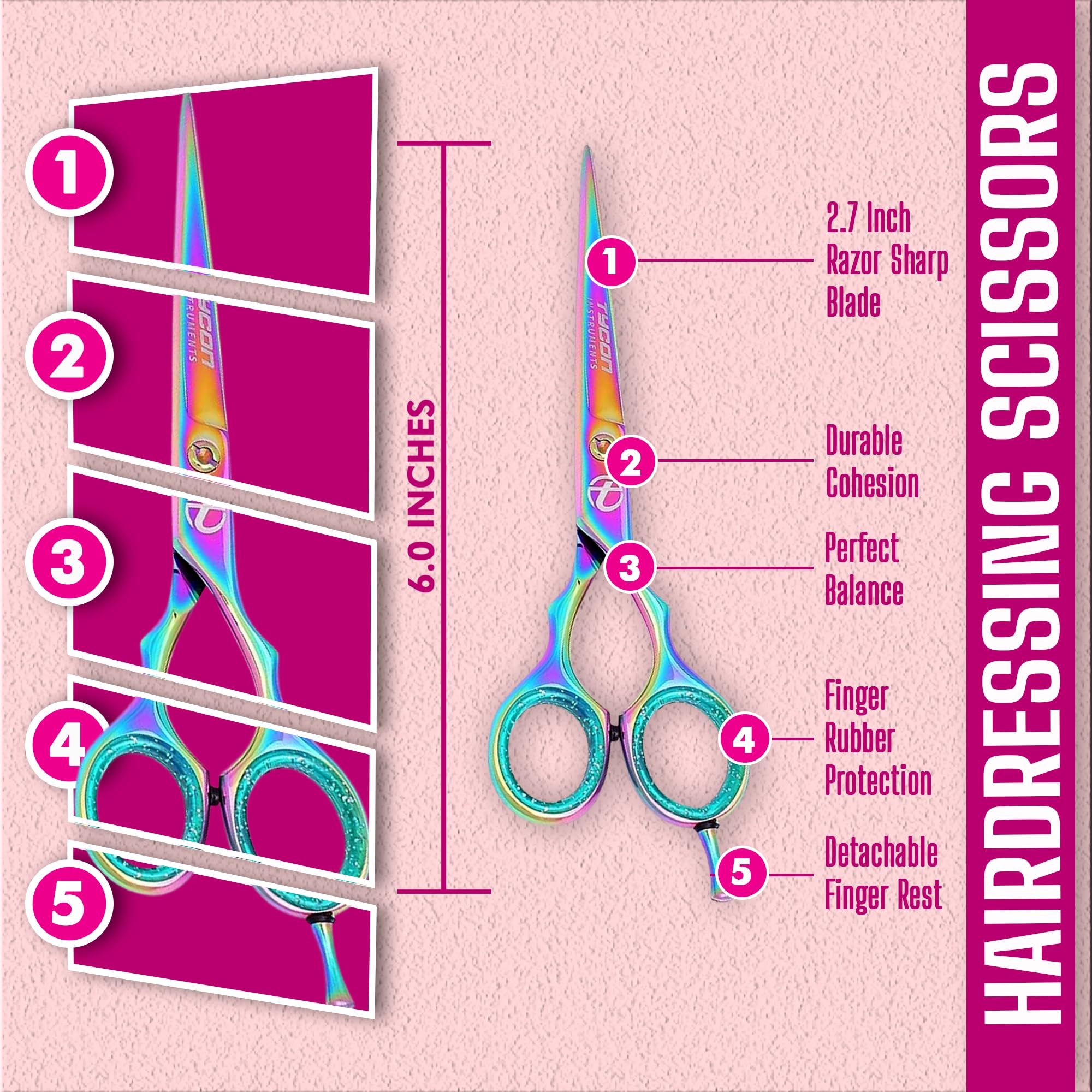 Close up view of the two point seven inch razor edge convex blades on Tycon hair shears