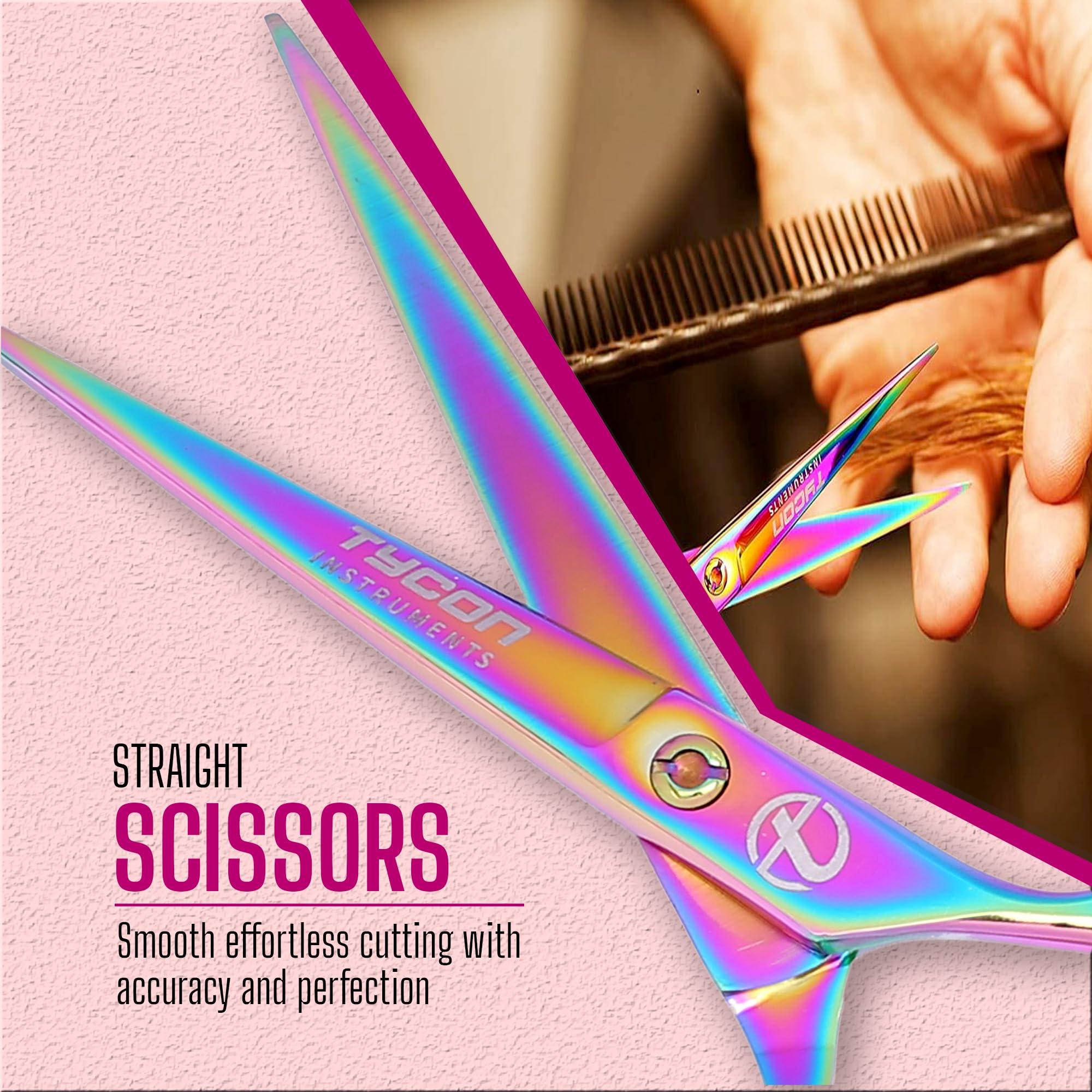 Ergonomic handle design of Tycon barber scissors highlighting the comfortable finger inserts and detachable rest