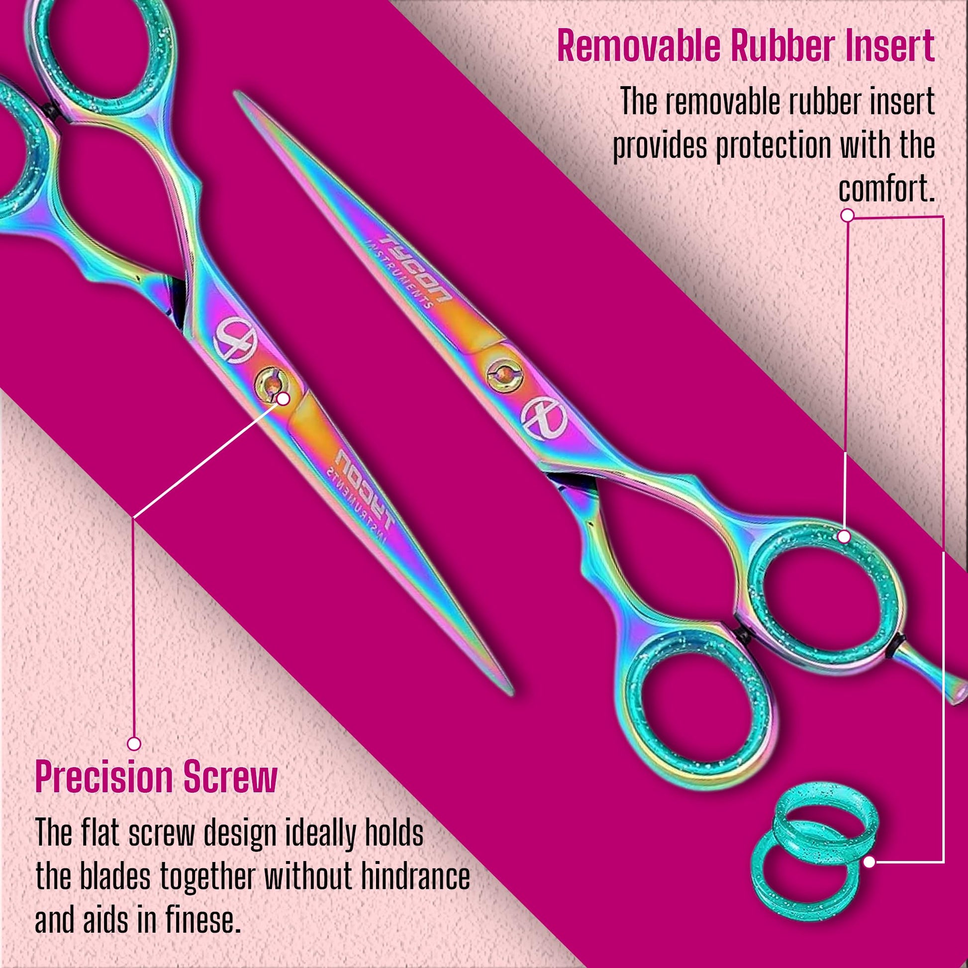 Vibrant rainbow titanium coated finish on Tycon salon haircutting scissors
