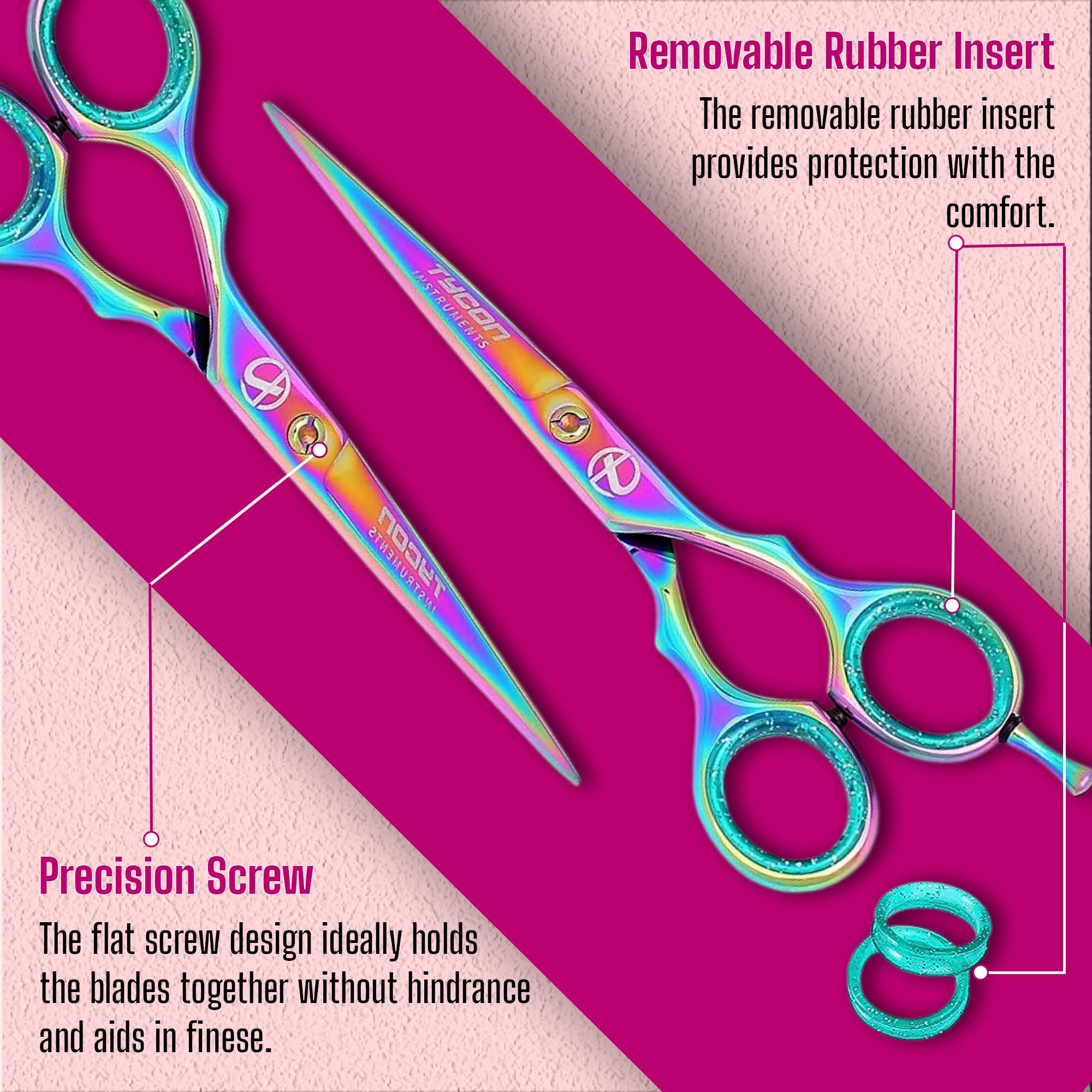Vibrant rainbow titanium coated finish on Tycon salon haircutting scissors