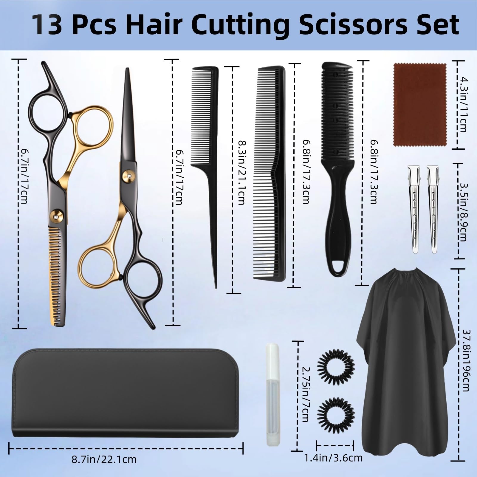 Thirteen piece imported barber shear set laid out with salon cape and styling combs.