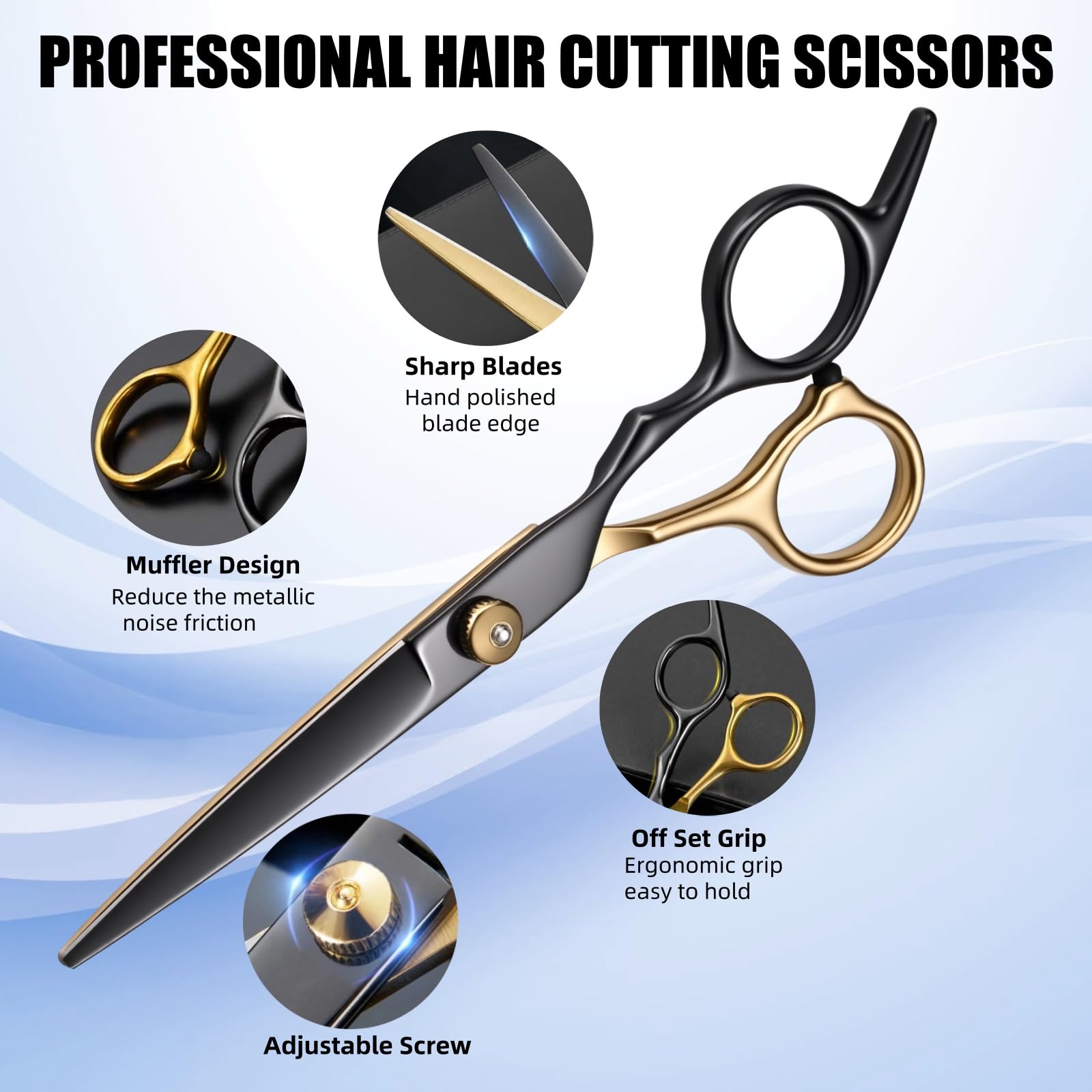 Maycreate 6.5 inch stainless steel hair scissors showing the sharp blade and ergonomic handle design.