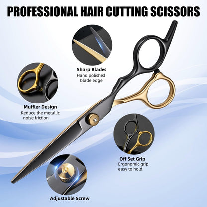 Maycreate 6.5 inch stainless steel hair scissors showing the sharp blade and ergonomic handle design.