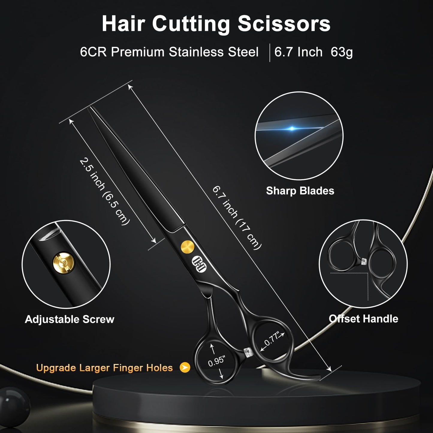 CIICII professional hairdressing shears showing the titanium black plated stainless steel blades and adjustable tension screw detail
