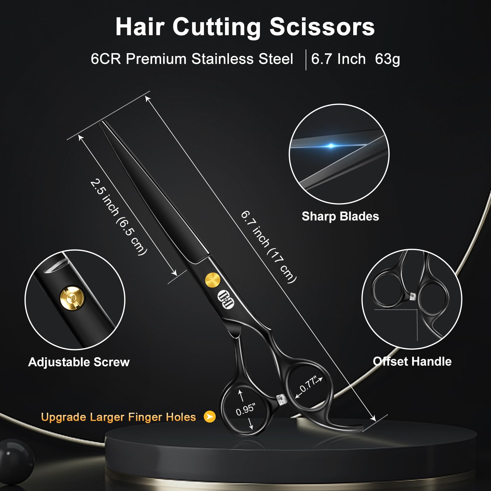CIICII professional hairdressing shears showing the titanium black plated stainless steel blades and adjustable tension screw detail