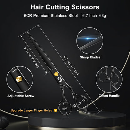 CIICII professional hairdressing shears showing the titanium black plated stainless steel blades and adjustable tension screw detail