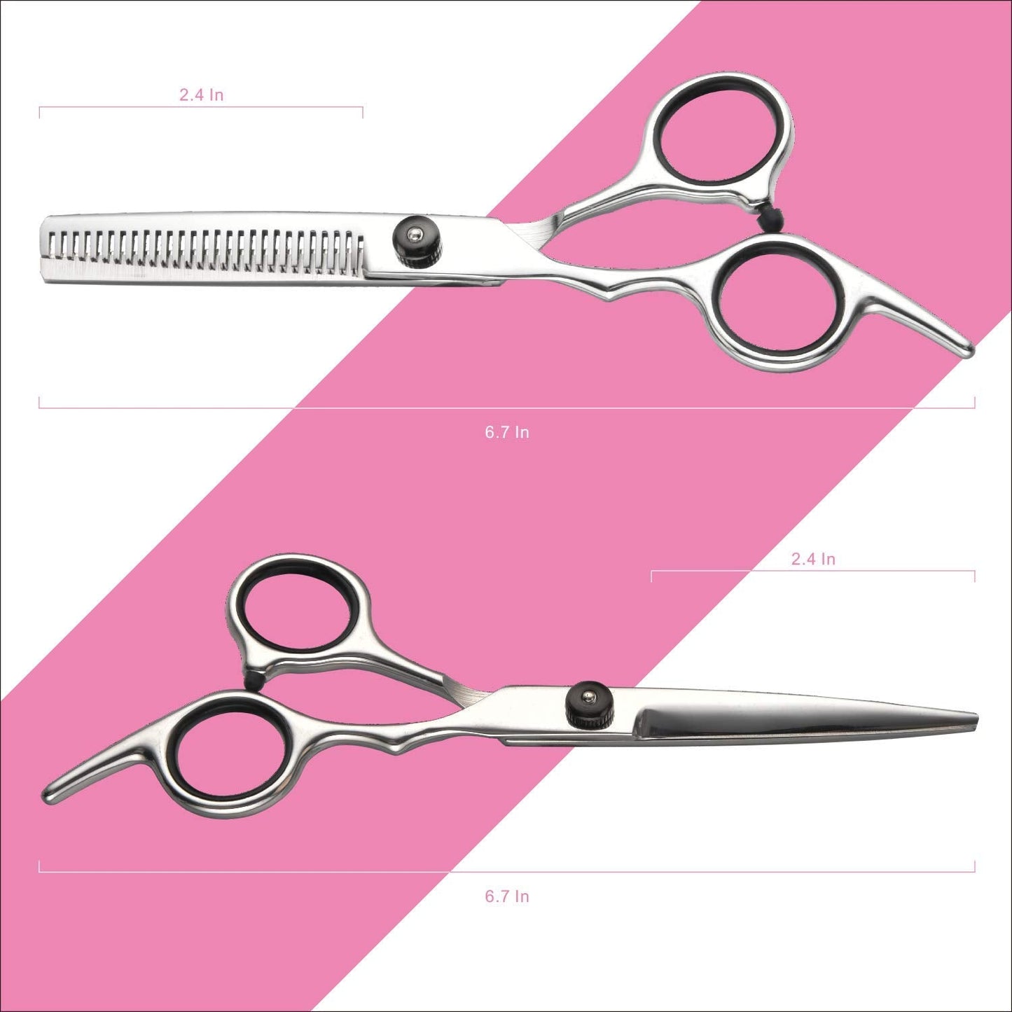 Stainless steel hair cutting scissors and thinning shears displayed with barber combs