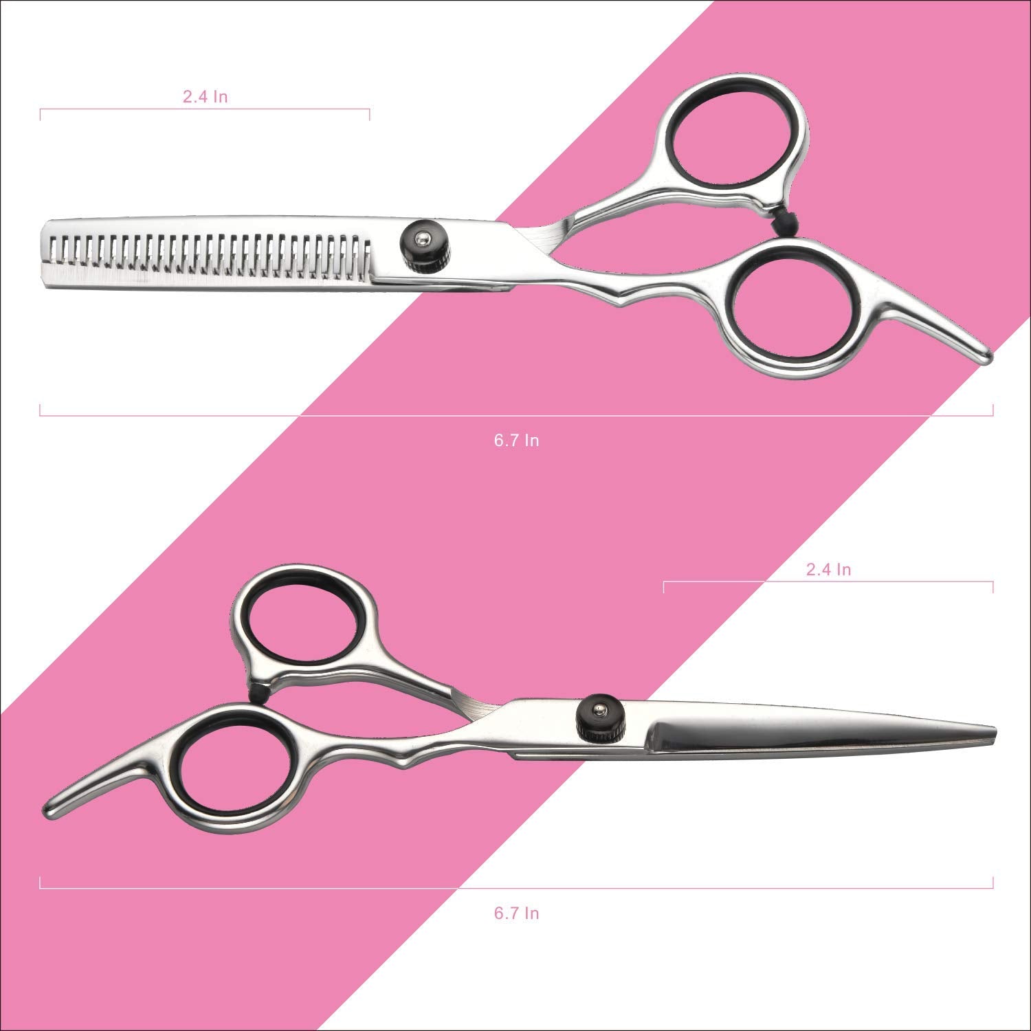 Stainless steel hair cutting scissors and thinning shears displayed with barber combs