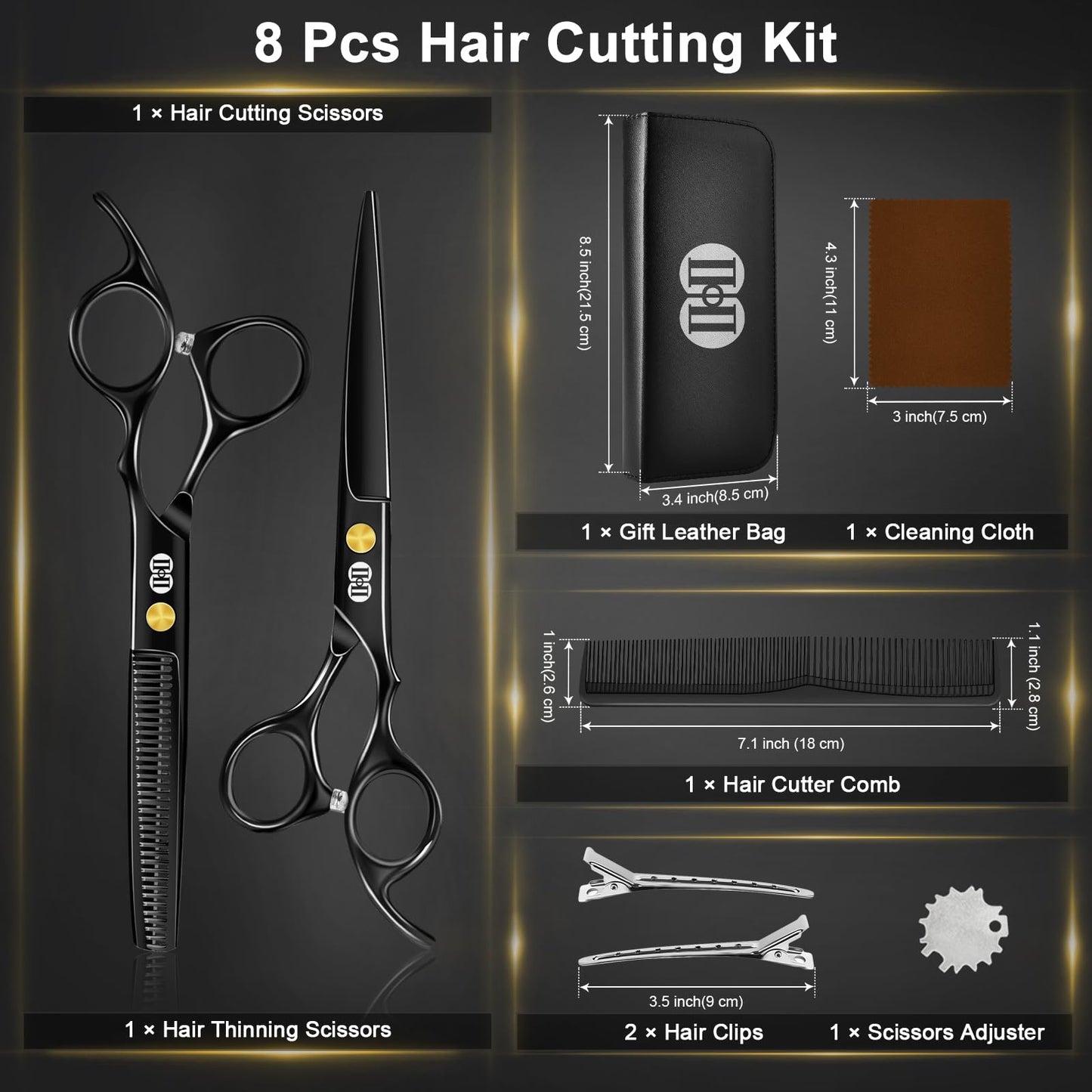 CIICII professional haircut kit components including the hair cutter comb cleaning cloth and metal clips