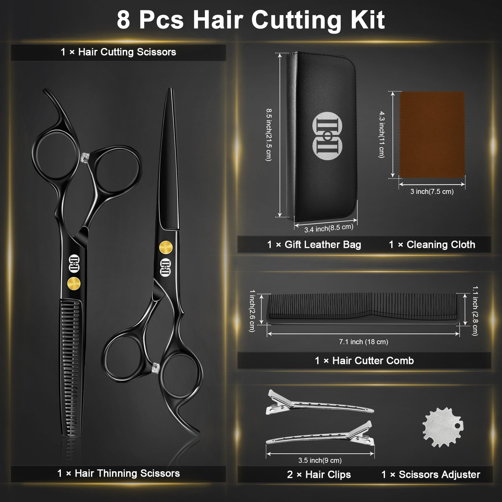 CIICII professional haircut kit components including the hair cutter comb cleaning cloth and metal clips