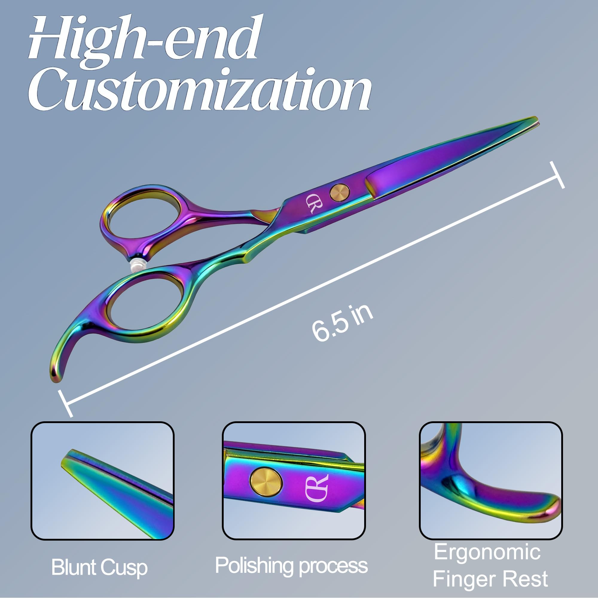 Ergonomic curved handle close up on Japanese stainless steel barber scissors.