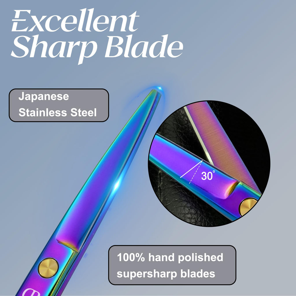 Precision fine tuning bearing adjuster on rainbow colored hairdressing shears.