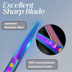 Precision fine tuning bearing adjuster on rainbow colored hairdressing shears.