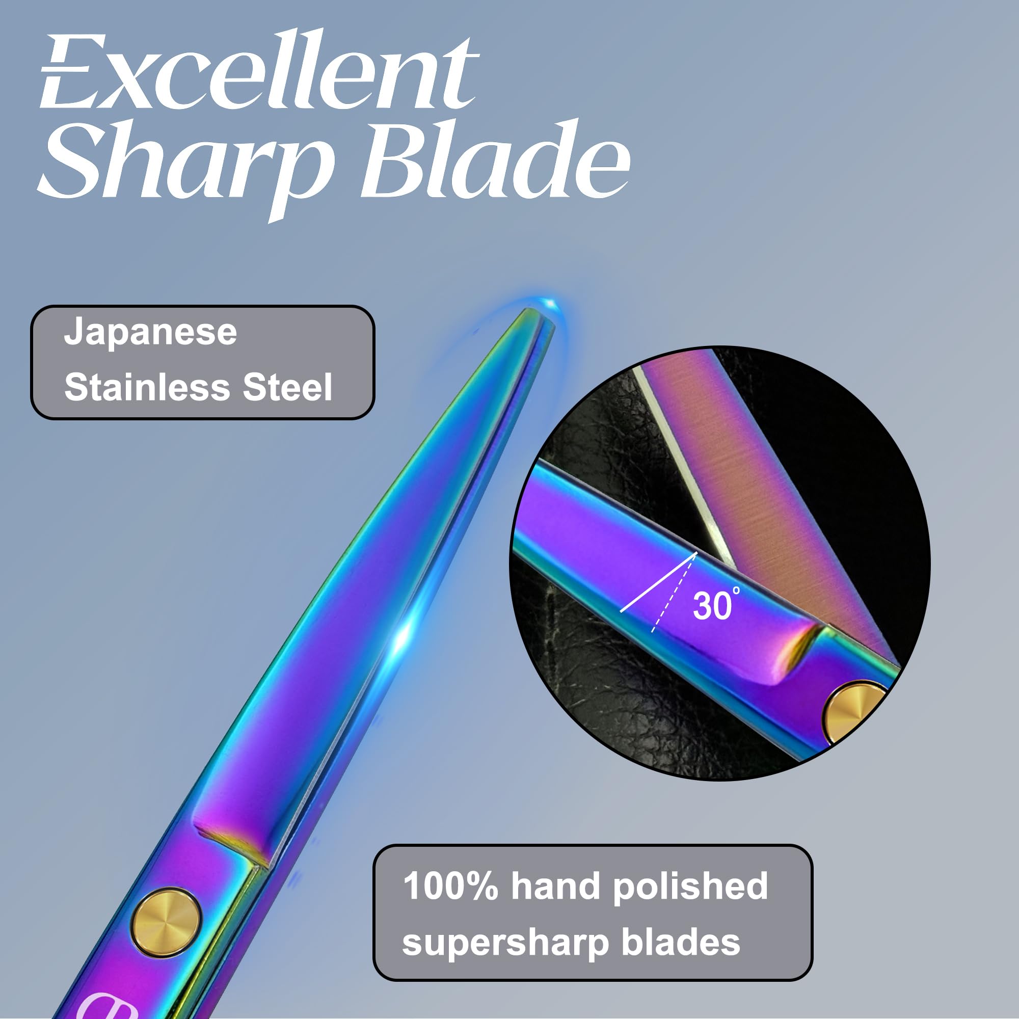 Precision fine tuning bearing adjuster on rainbow colored hairdressing shears.