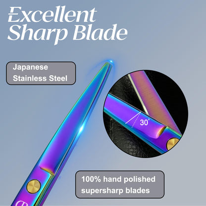 Precision fine tuning bearing adjuster on rainbow colored hairdressing shears.
