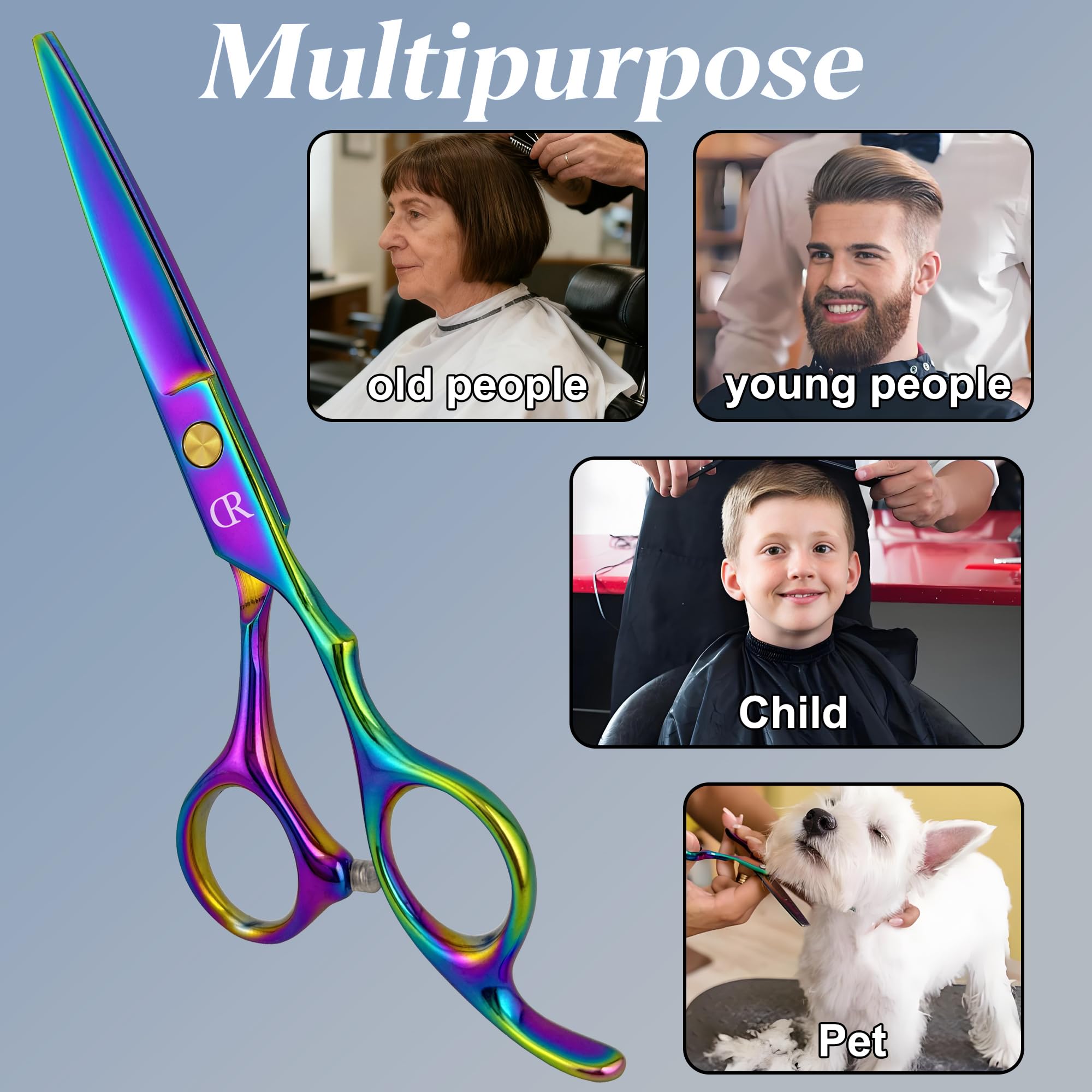 Premium JAVENPROLIU barber shears angled view demonstrating the comfortable finger rest.