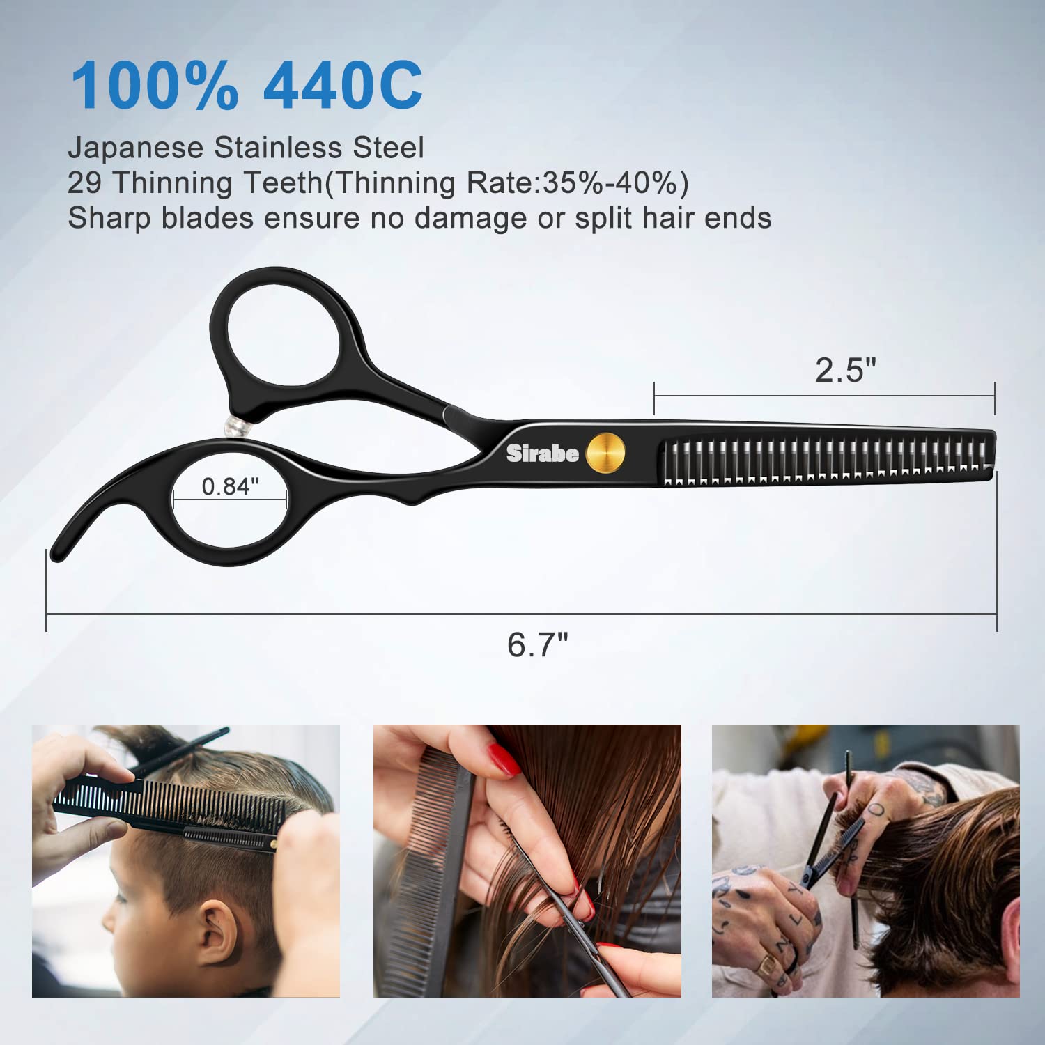Black stainless steel hairdressing shears with golden adjustable tension screws