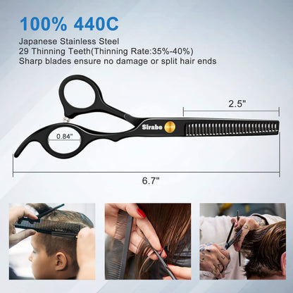 Black stainless steel hairdressing shears with golden adjustable tension screws