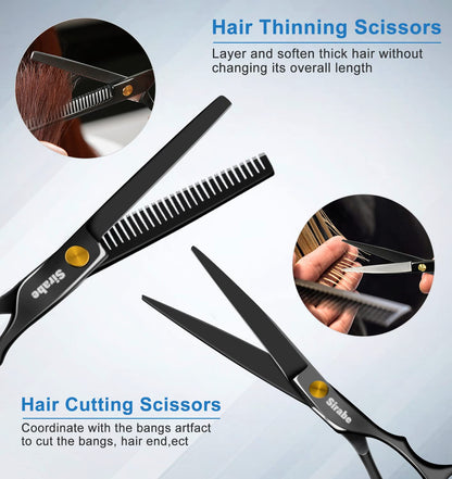 Ergonomic hair cutting scissors set inside a premium black leather storage case