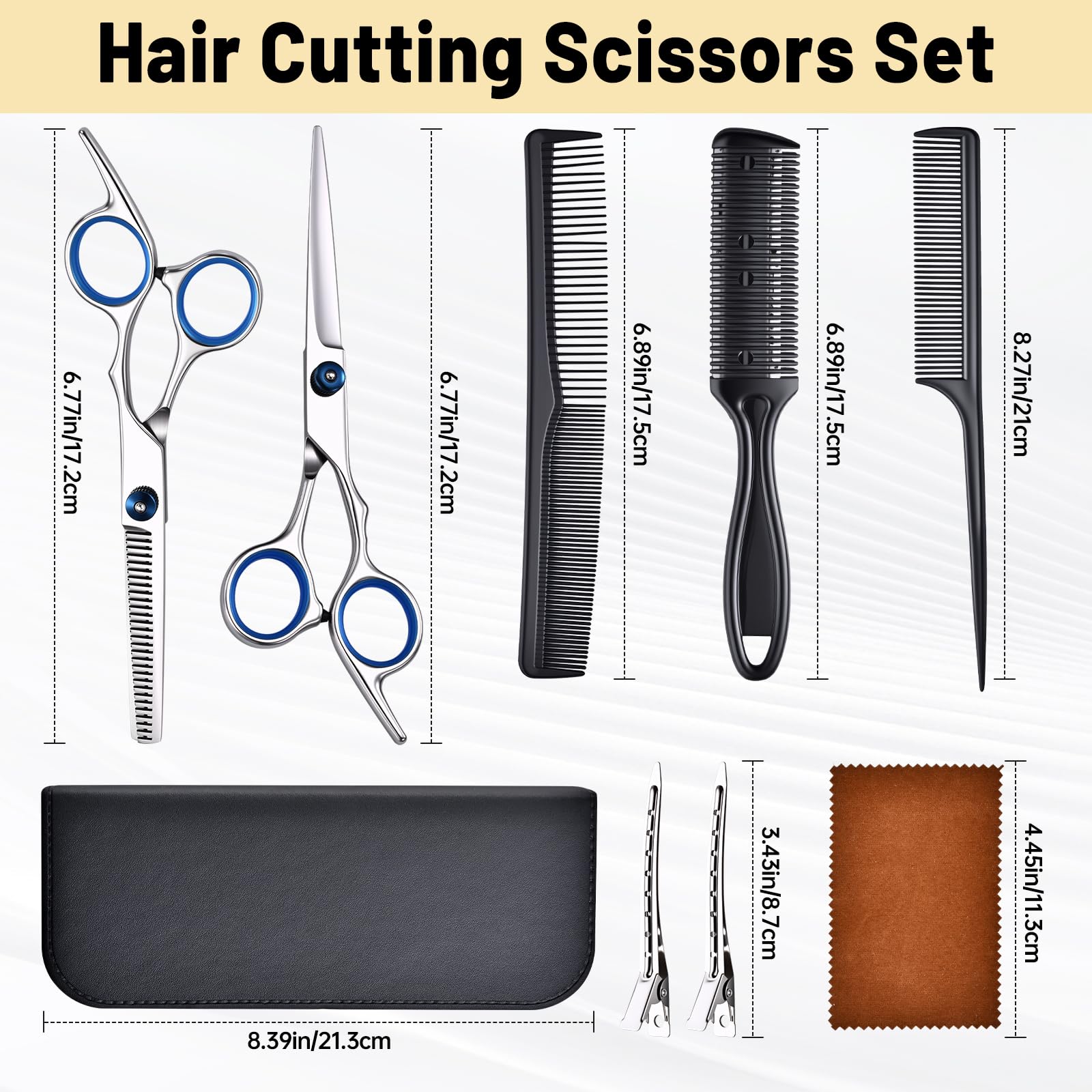 Manifest Picks barber shears and thinning scissors displayed with styling combs and hair clips