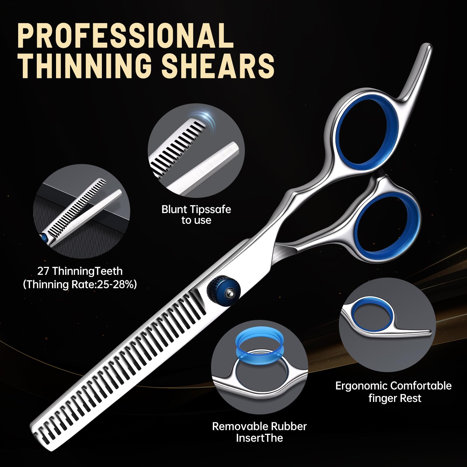 Close up view of the sharp stainless steel blades of the Manifest Picks straight hair cutting scissors