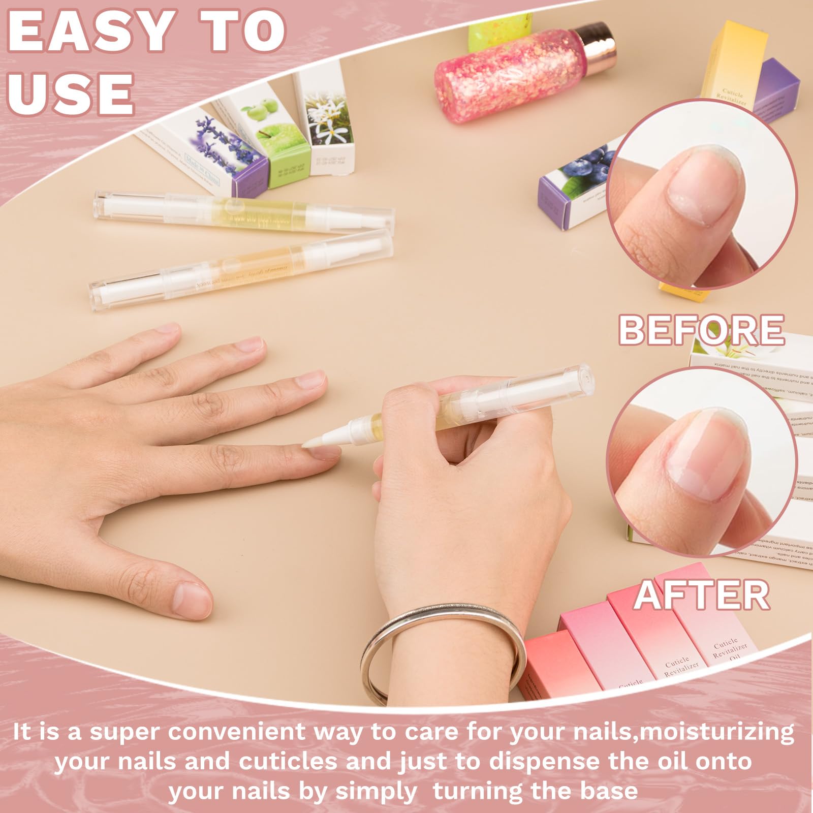 Applying Meschett cuticle oil to nail bed
