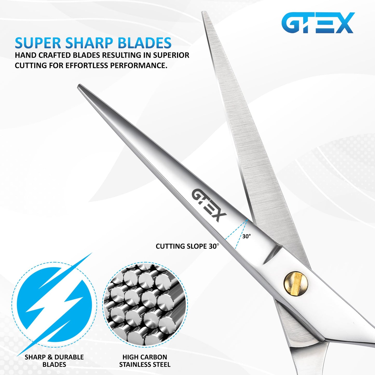 GTEX high carbon stainless steel barber shears with gold tension screw and black styling comb.