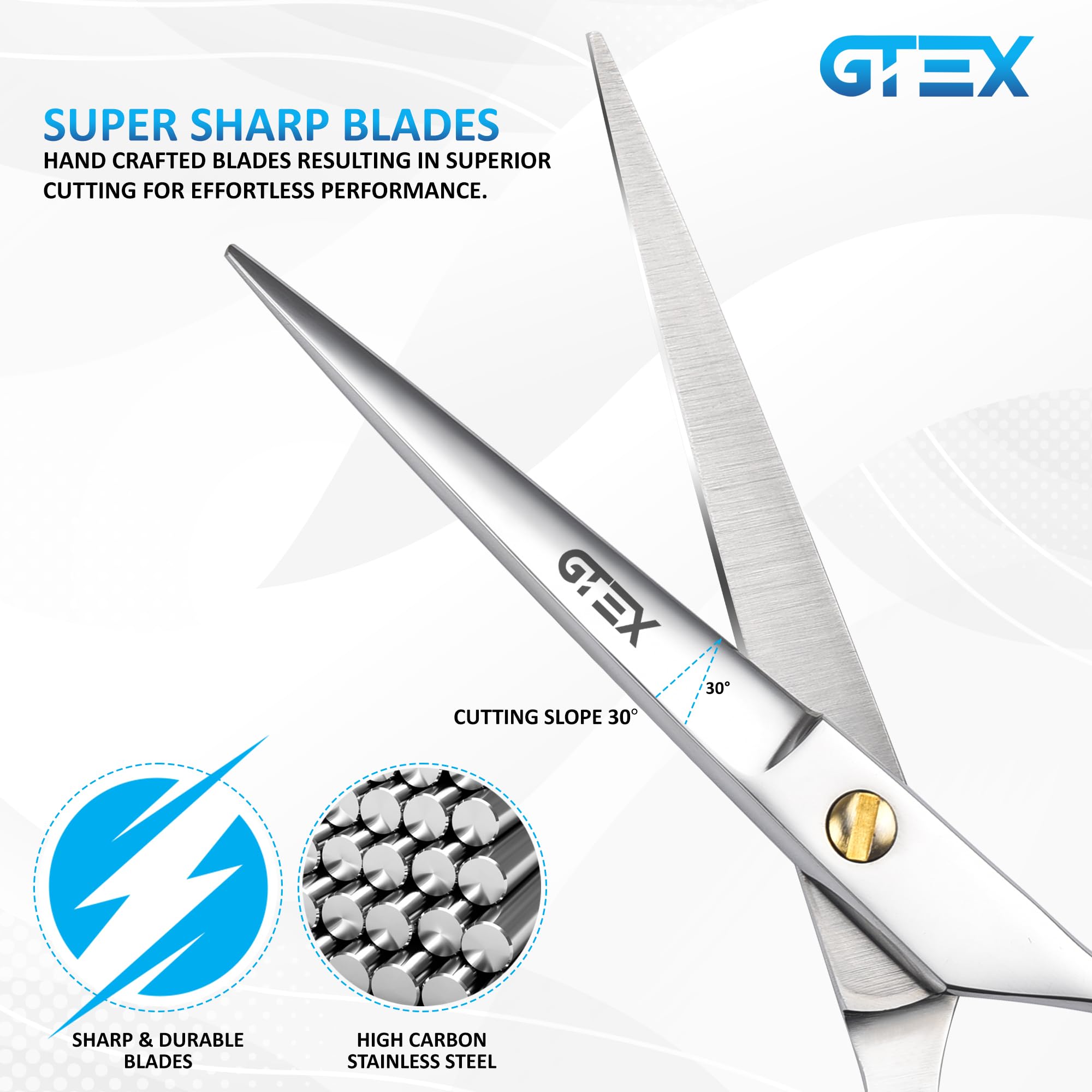 GTEX high carbon stainless steel barber shears with gold tension screw and black styling comb.