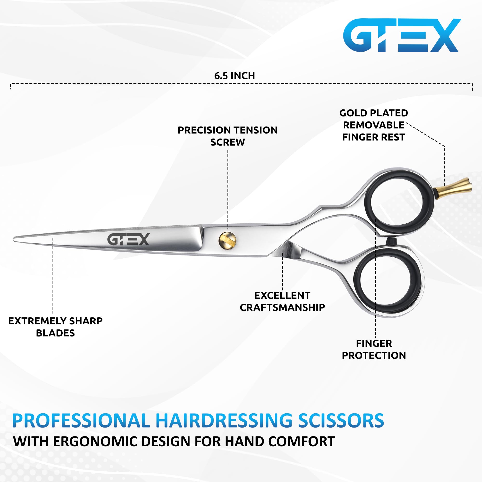 GTEX hairdressing scissors safely stored inside the included black protective leather case.
