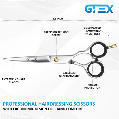 GTEX hairdressing scissors safely stored inside the included black protective leather case.