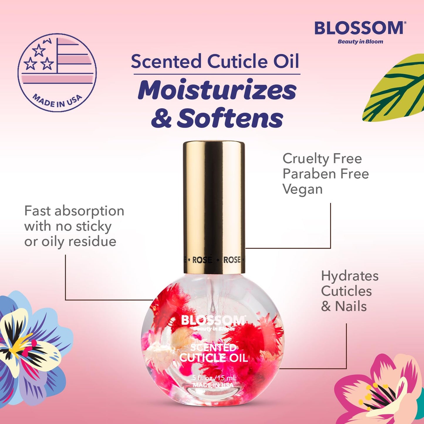 Side profile of Blossom Rose cuticle oil bottle with floral details