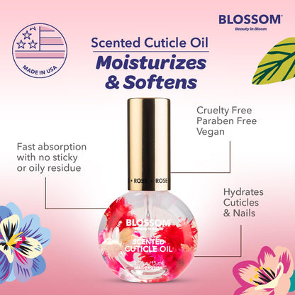 Side profile of Blossom Rose cuticle oil bottle with floral details